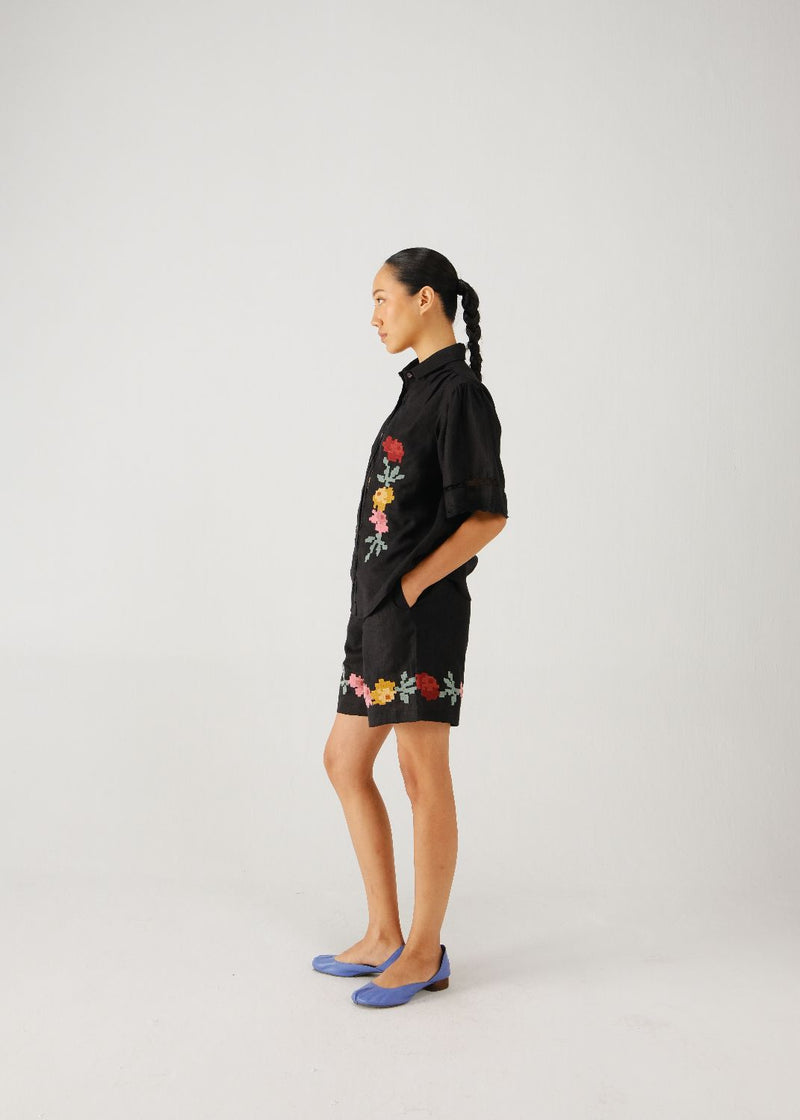Wide leg shorts-Black pixel emb. linen by CORD for women in Singapore