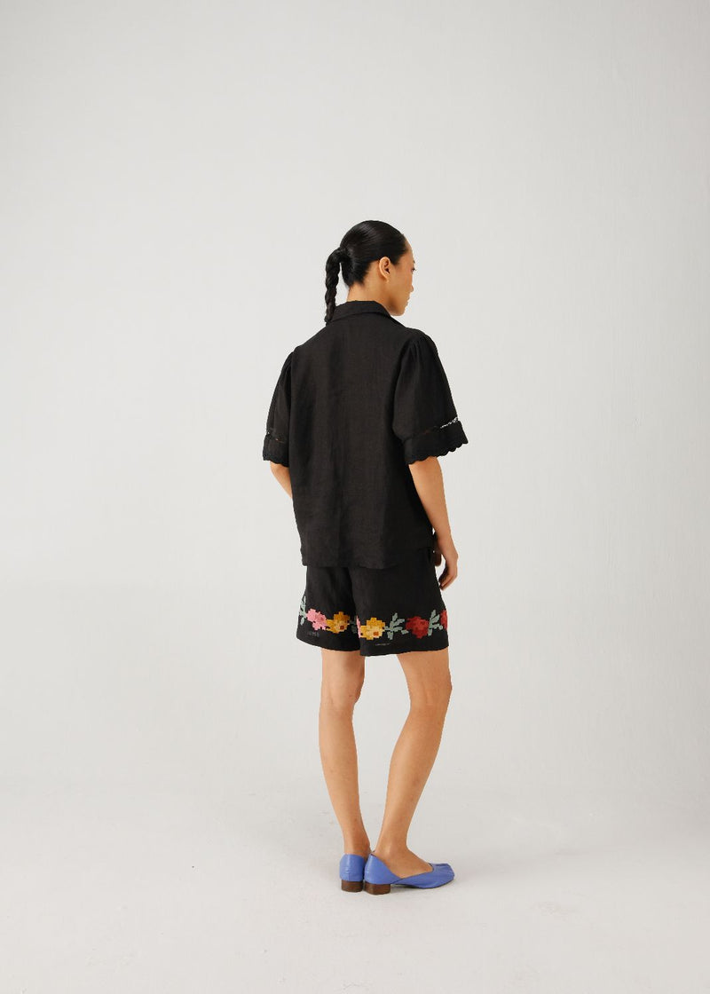 Wide leg shorts-Black pixel emb. linen by CORD for women in Singapore