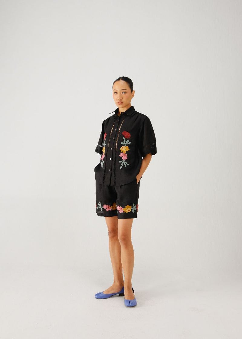 Wide leg shorts-Black pixel emb. linen by CORD for women in Singapore