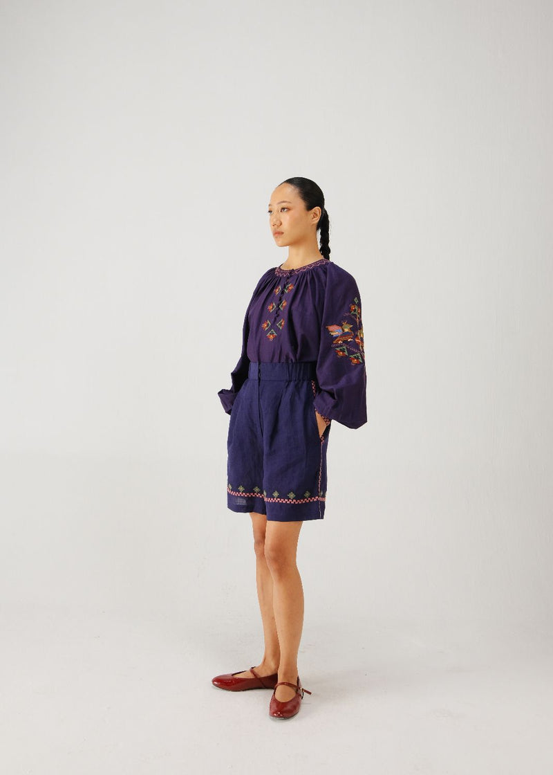 Wide leg shorts-Ink folk emb. linen by CORD for women in Singapore
