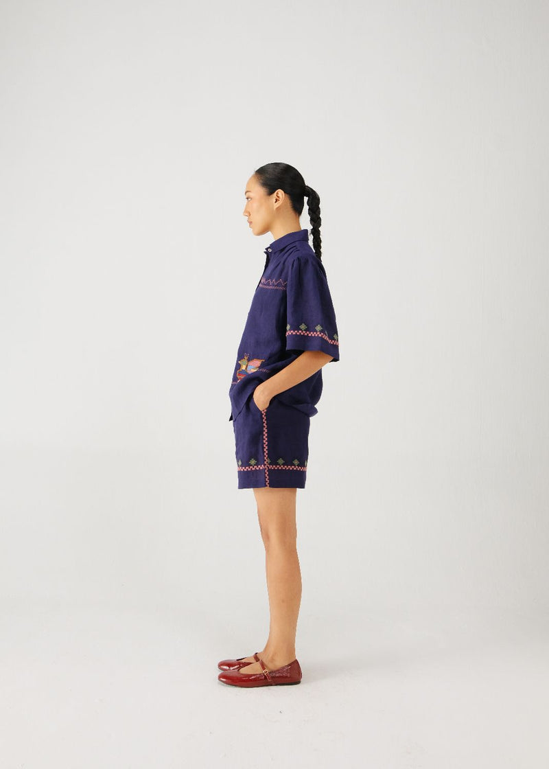 Wide leg shorts-Ink folk emb. linen by CORD for women in Singapore