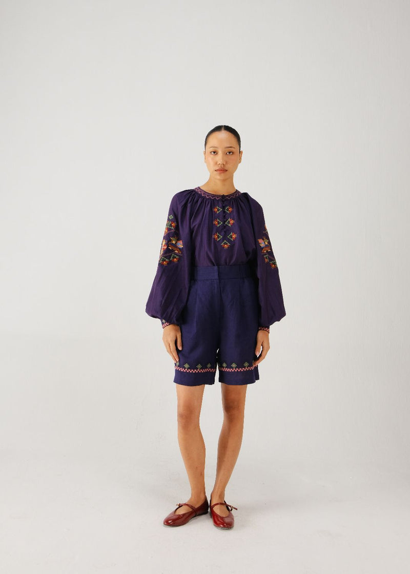 Wide leg shorts-Ink folk emb. linen by CORD for women in Singapore