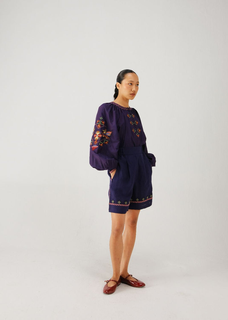 Wide leg shorts-Ink folk emb. linen by CORD for women in Singapore