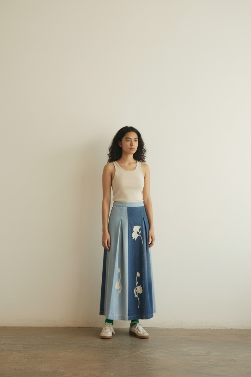 Judy Denim Panelled Skirt by Doodlage in blue color for women in Singapore