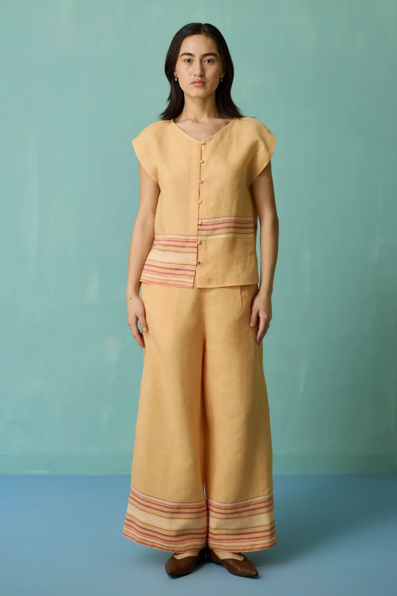 Xora Border Linen Cap-Sleeve Top - Apricot linen top/shirt by Manan in apricot for women in Singapore
