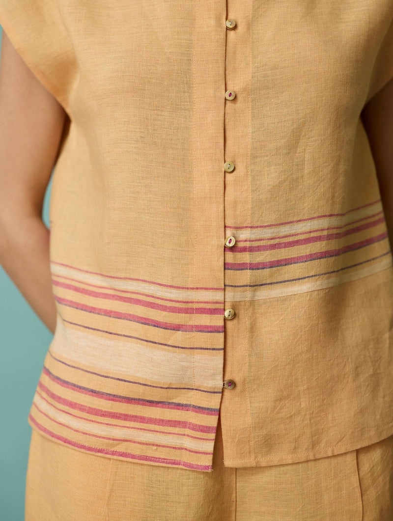 Xora Border Linen Cap-Sleeve Top - Apricot linen top/shirt by Manan in apricot for women in Singapore