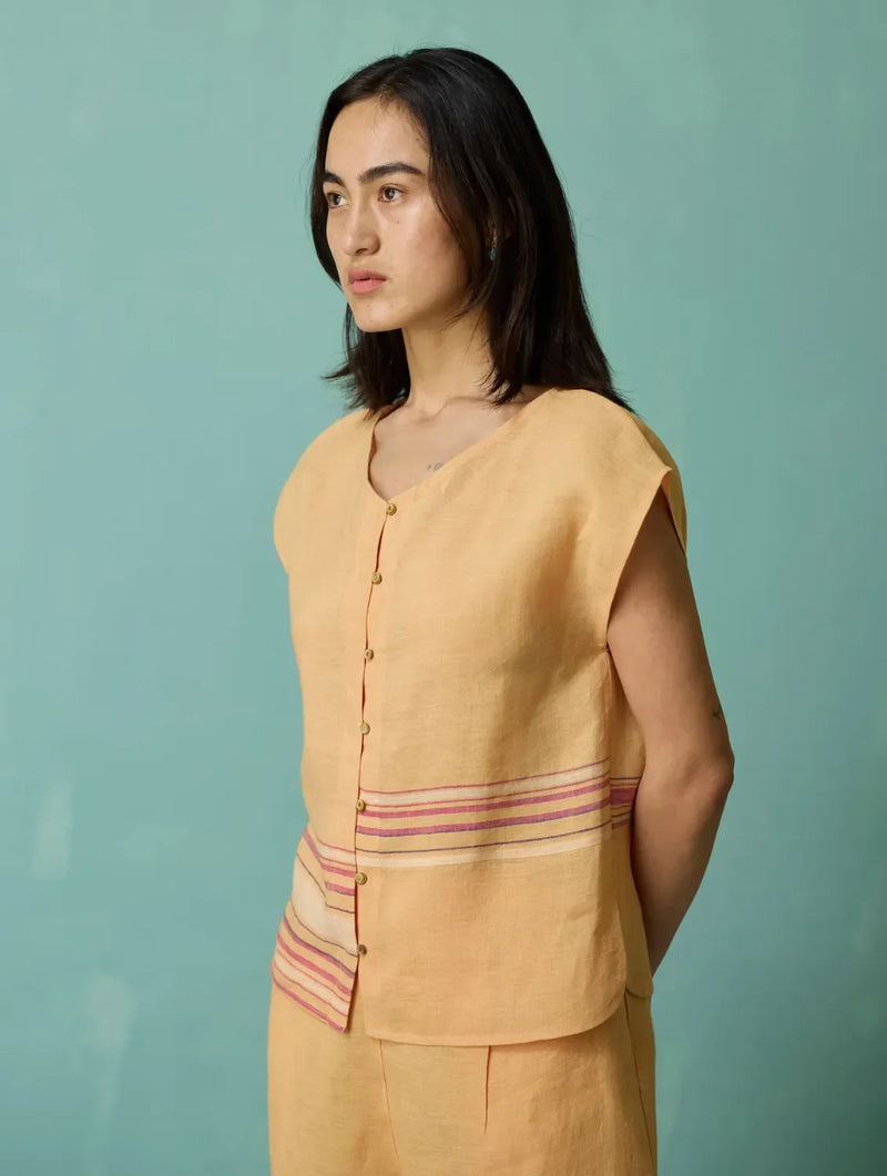 Xora Border Linen Cap-Sleeve Top - Apricot linen top/shirt by Manan in apricot for women in Singapore