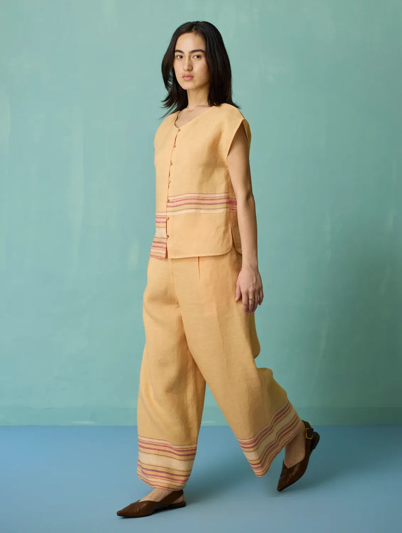 Xora Border Linen Cap-Sleeve Top - Apricot linen top/shirt by Manan in apricot for women in Singapore