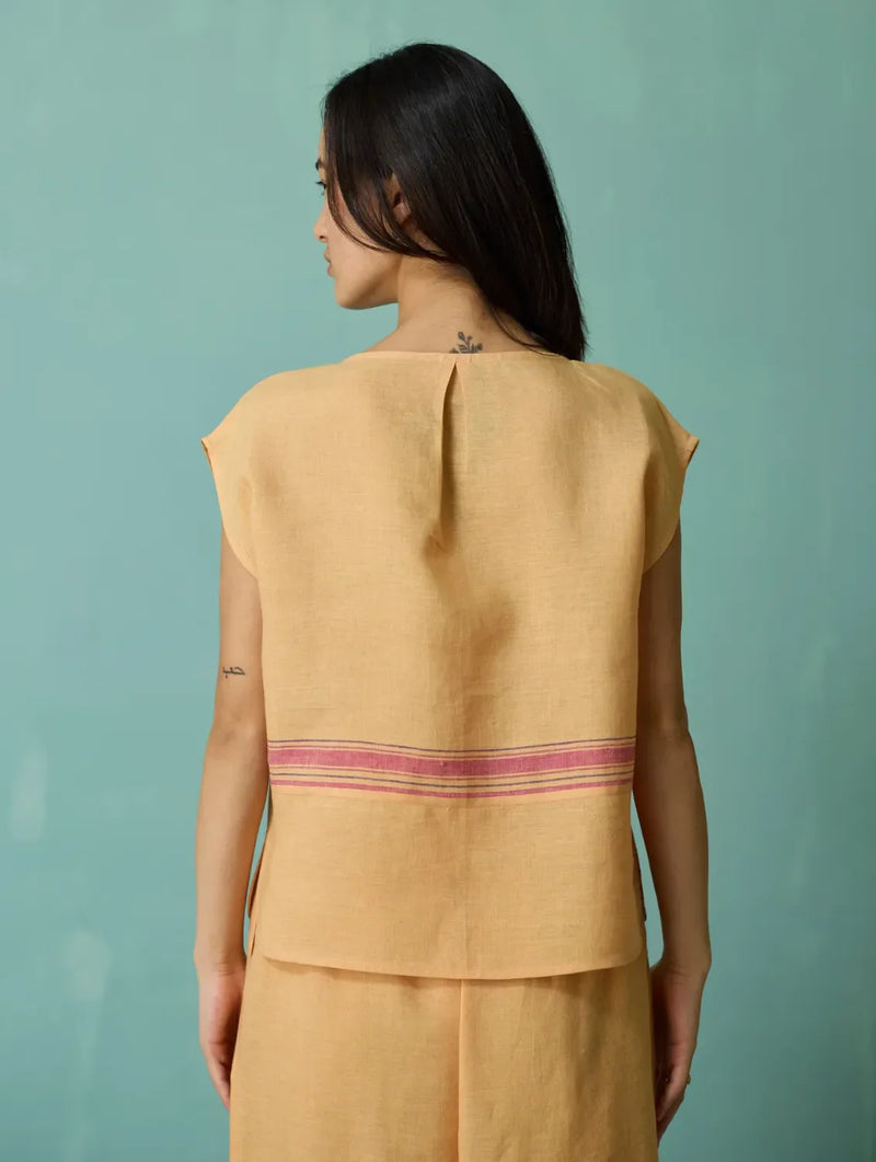 Xora Border Linen Cap-Sleeve Top - Apricot linen top/shirt by Manan in apricot for women in Singapore