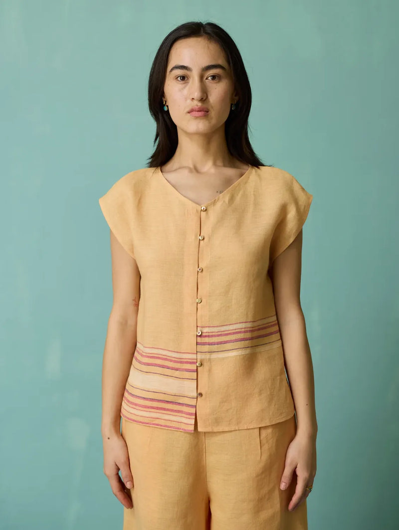 Xora Border Linen Cap-Sleeve Top - Apricot linen top/shirt by Manan in apricot for women in Singapore