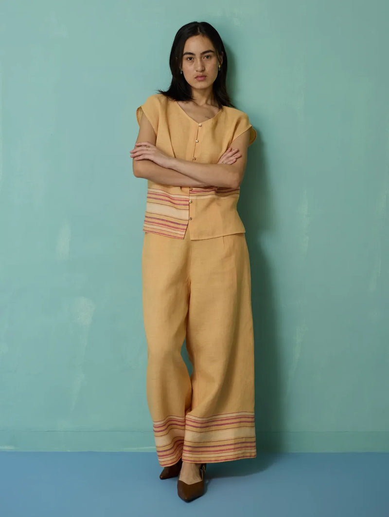 Xora Border Linen Cap-Sleeve Top - Apricot linen top/shirt by Manan in apricot for women in Singapore