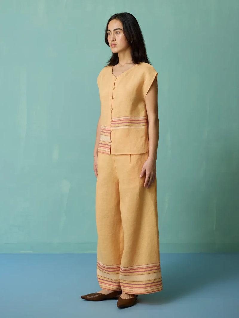 Xora Border Linen Cap-Sleeve Top - Apricot linen top/shirt by Manan in apricot for women in Singapore