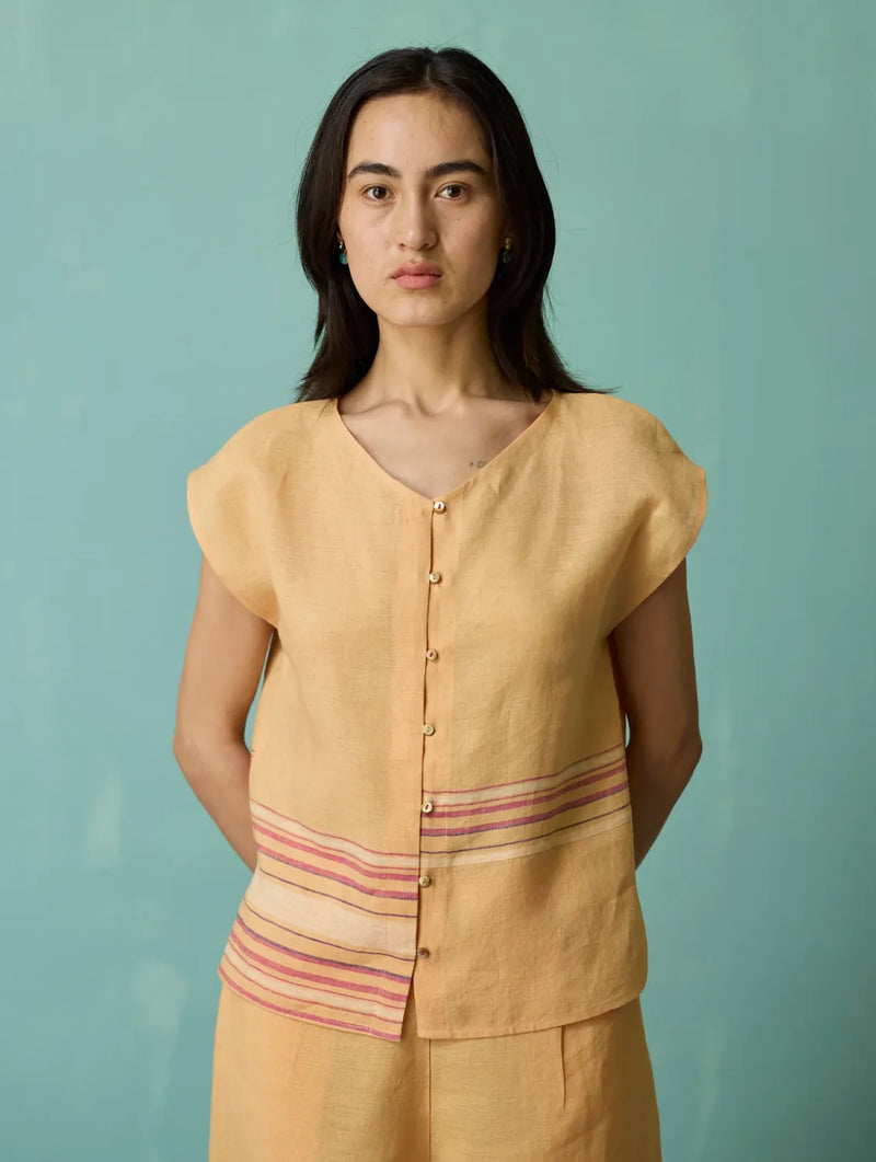 Xora Border Linen Cap-Sleeve Top - Apricot linen top/shirt by Manan in apricot for women in Singapore