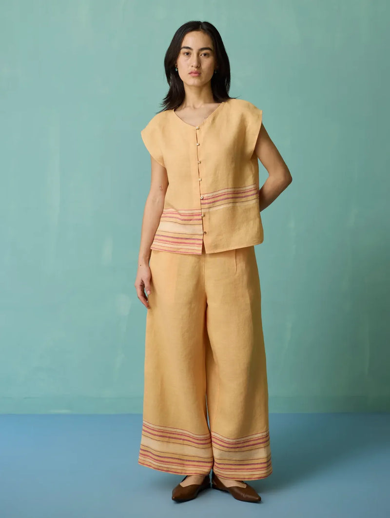Xora Border Linen Cap-Sleeve Top - Apricot linen top/shirt by Manan in apricot for women in Singapore