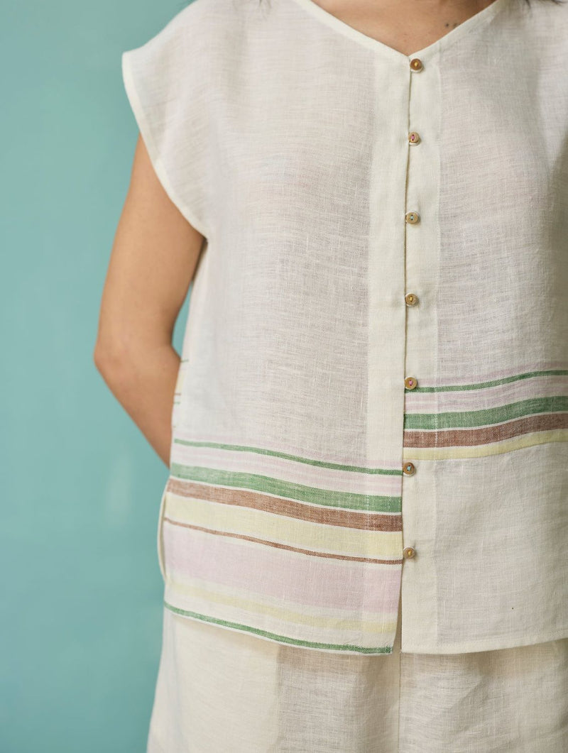 Xora Border Linen Cap-Sleeve Top - Ivory linen top/shirt by Manan in ivory for women in Singapore