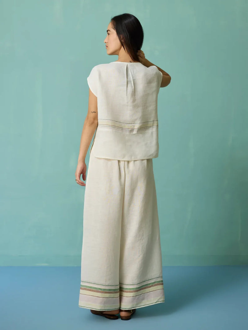 Xora Border Linen Cap-Sleeve Top - Ivory linen top/shirt by Manan in ivory for women in Singapore