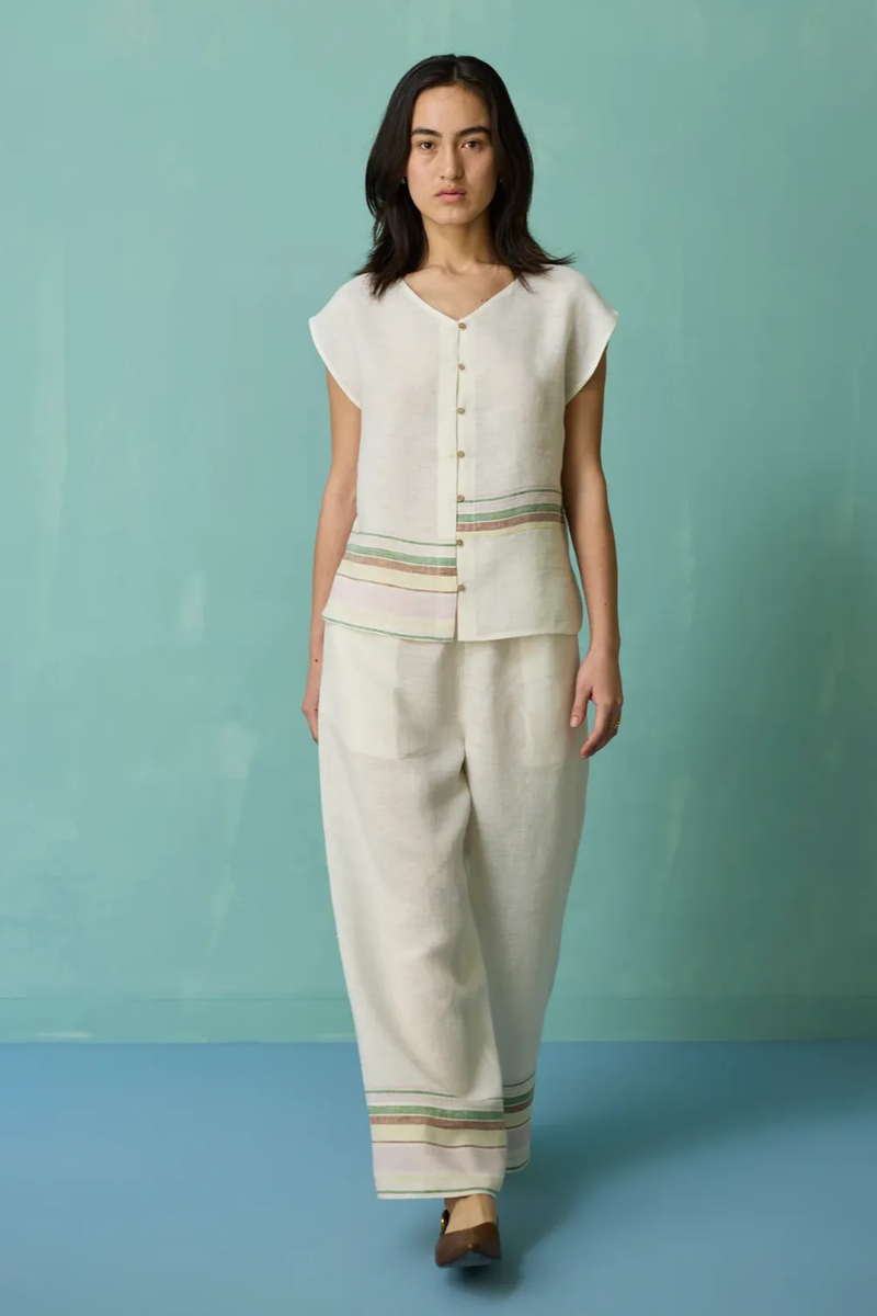 Xora Border Linen Cap-Sleeve Top - Ivory linen top/shirt by Manan in ivory for women in Singapore