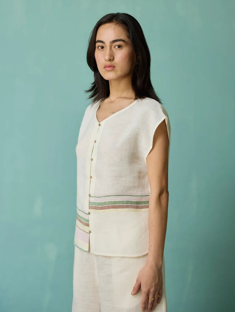 Xora Border Linen Cap-Sleeve Top - Ivory linen top/shirt by Manan in ivory for women in Singapore