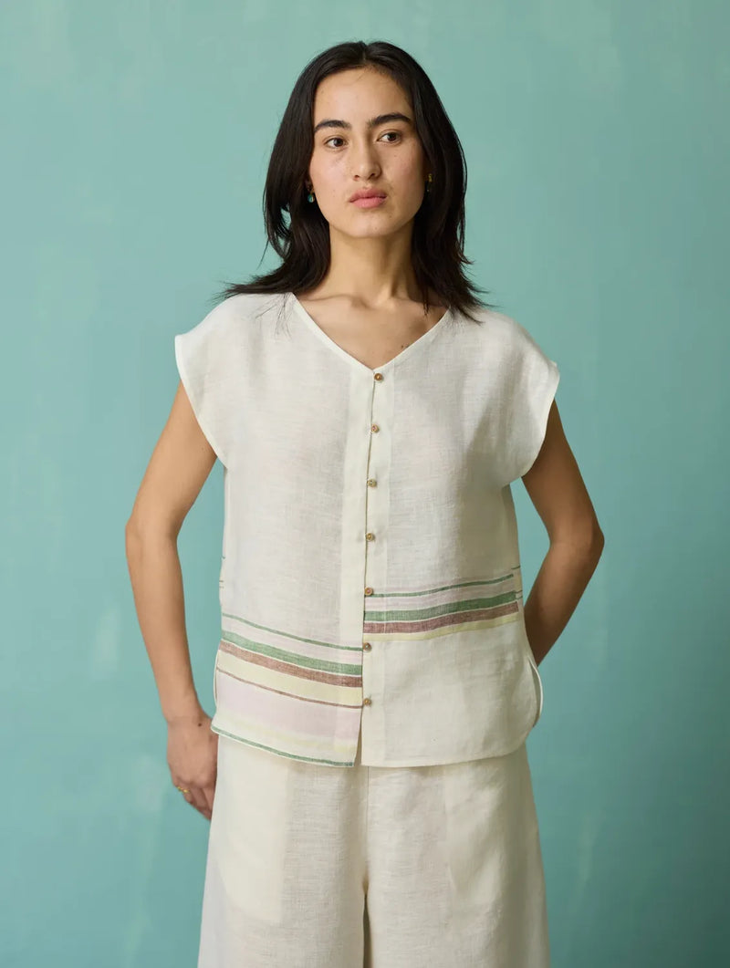 Xora Border Linen Cap-Sleeve Top - Ivory linen top/shirt by Manan in ivory for women in Singapore