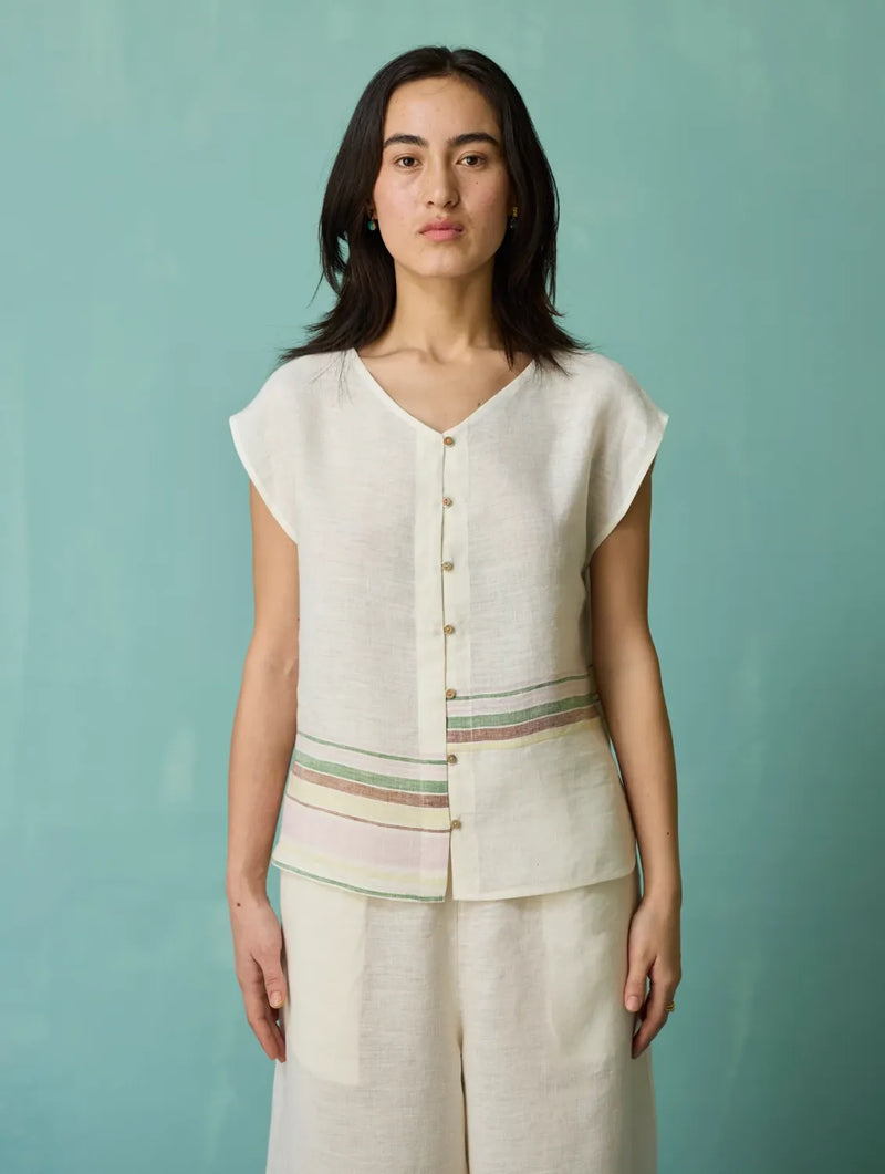 Xora Border Linen Cap-Sleeve Top - Ivory linen top/shirt by Manan in ivory for women in Singapore