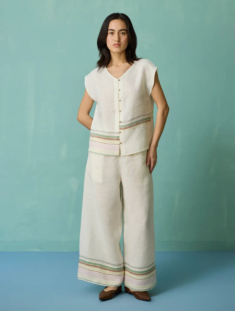 Xora Border Linen Cap-Sleeve Top - Ivory linen top/shirt by Manan in ivory for women in Singapore