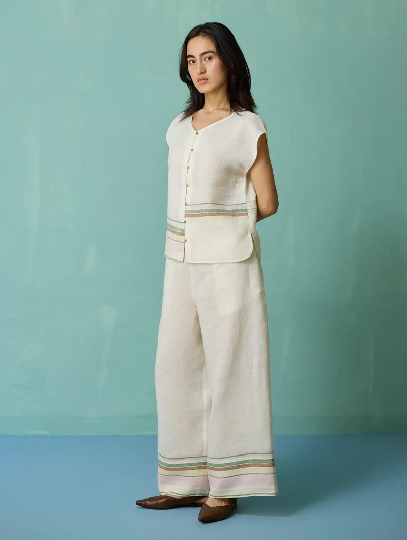 Xora Border Linen Cap-Sleeve Top - Ivory linen top/shirt by Manan in ivory for women in Singapore