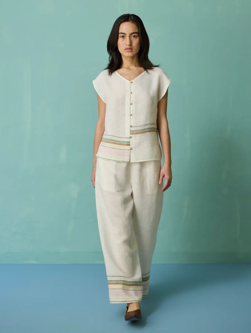 Xora Border Linen Cap-Sleeve Top - Ivory linen top/shirt by Manan in ivory for women in Singapore