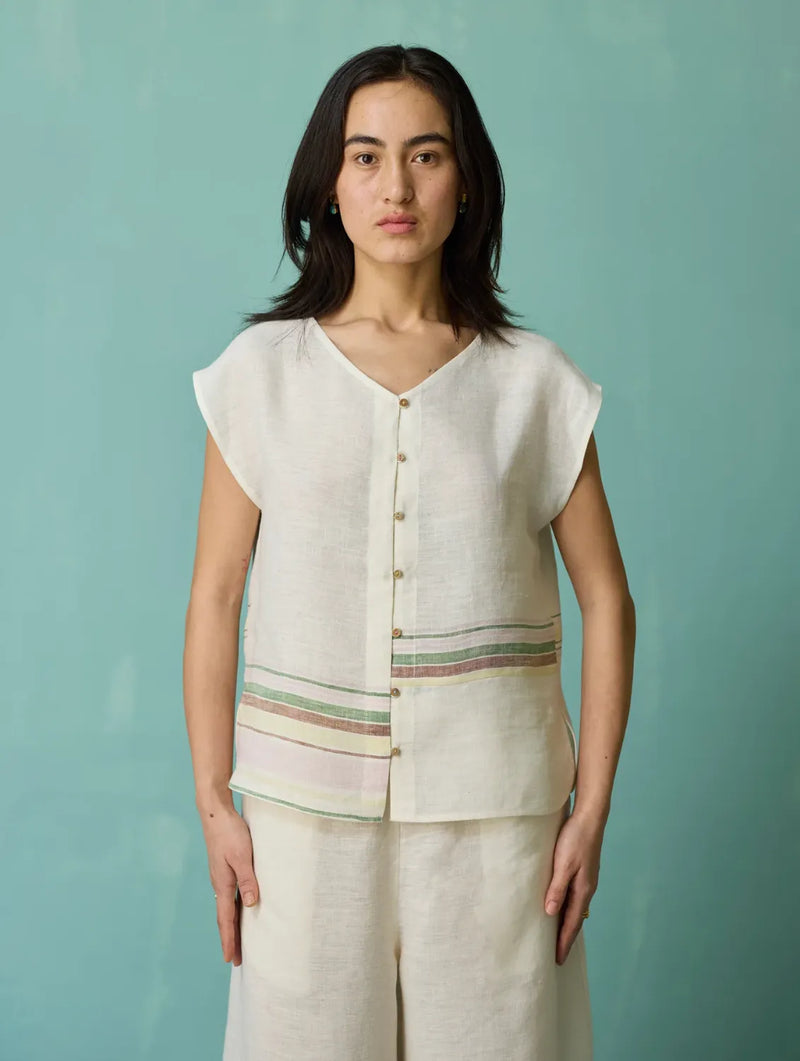 Xora Border Linen Cap-Sleeve Top - Ivory linen top/shirt by Manan in ivory for women in Singapore