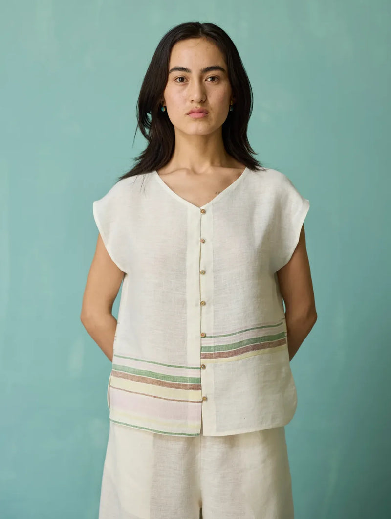 Xora Border Linen Cap-Sleeve Top - Ivory linen top/shirt by Manan in ivory for women in Singapore