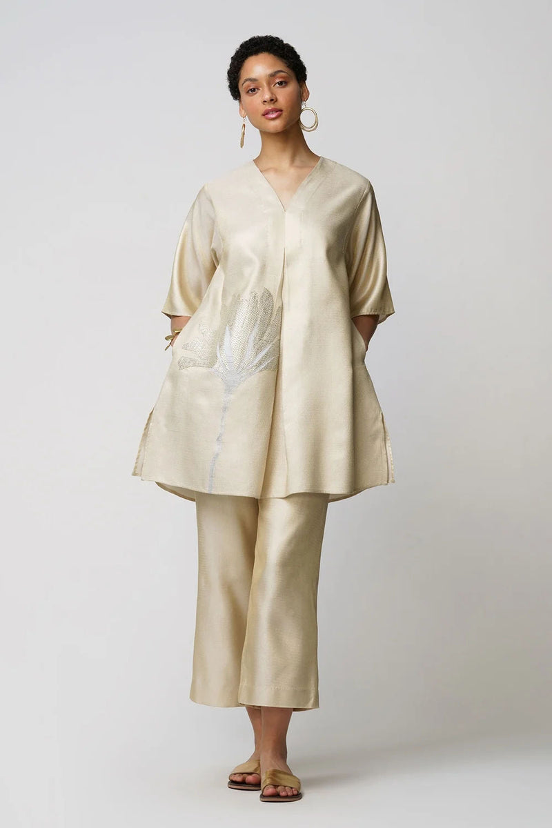 Xylia' wild peony flower bloom applique gold zari short and long tunic set zari kurta/kurta set by Malika Mathur in gold for women in Singapore