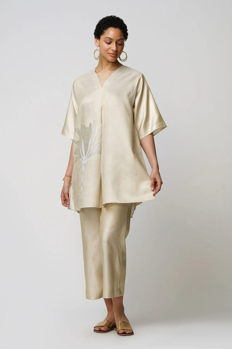 Xylia' wild peony flower bloom applique gold zari short and long tunic set zari kurta/kurta set by Malika Mathur in gold for women in Singapore