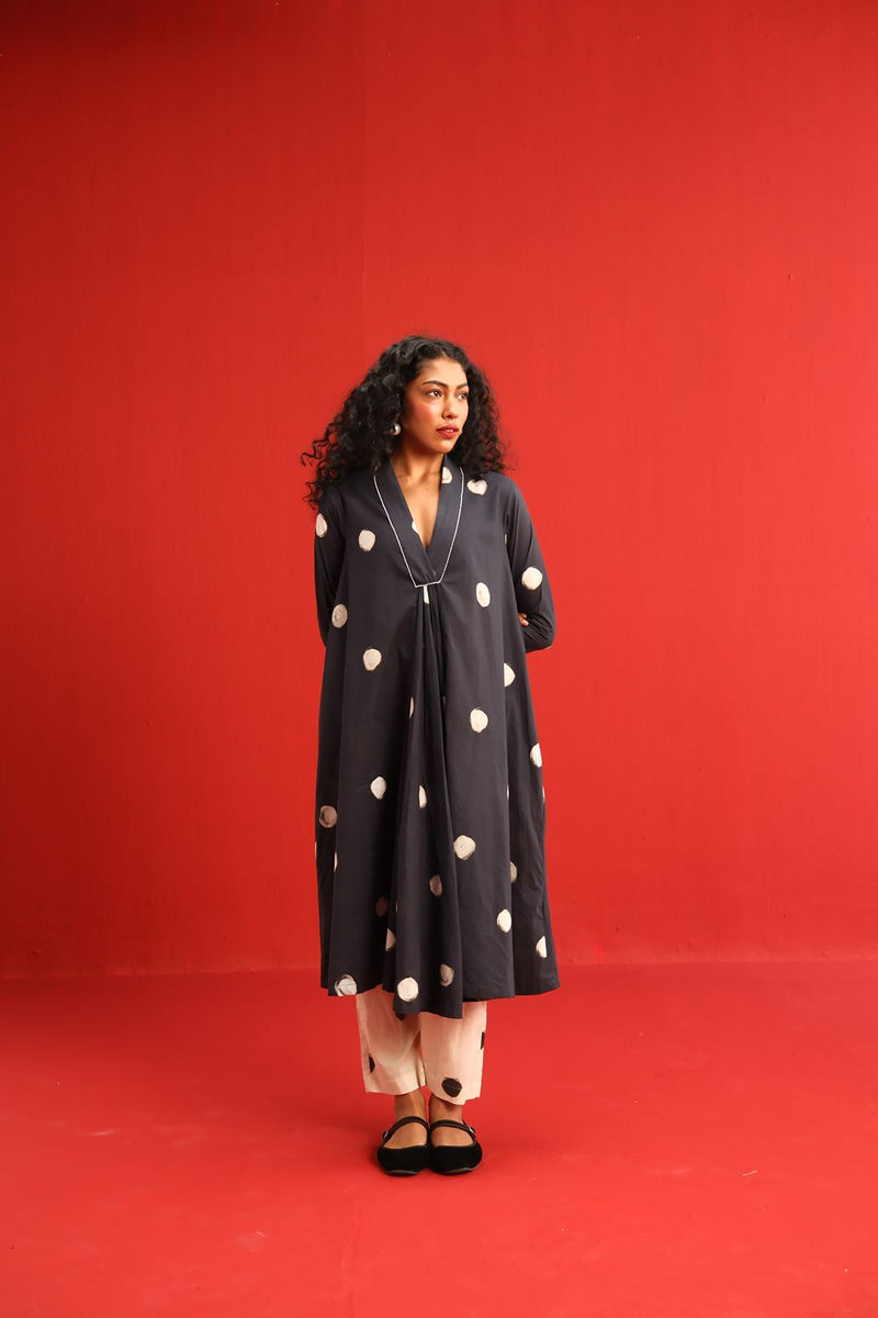 Polka A Line Kurta Set cotton by Yam in black color for women in Singapore
