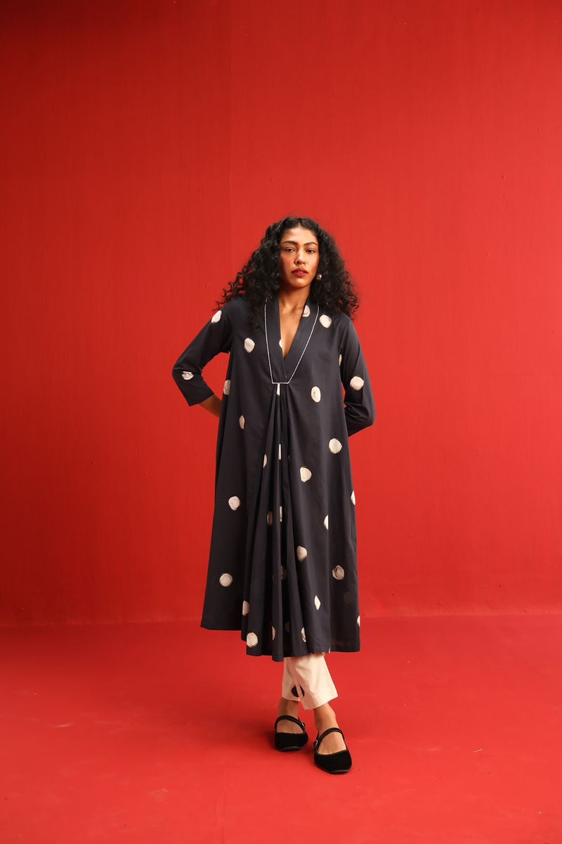 Polka A Line Kurta Set cotton by Yam in black color for women in Singapore