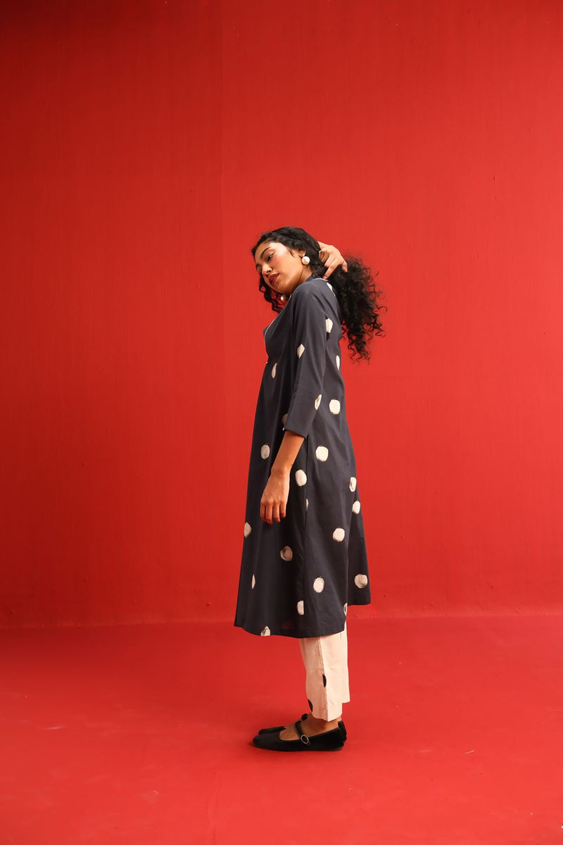 Polka A Line Kurta Set cotton by Yam in black color for women in Singapore