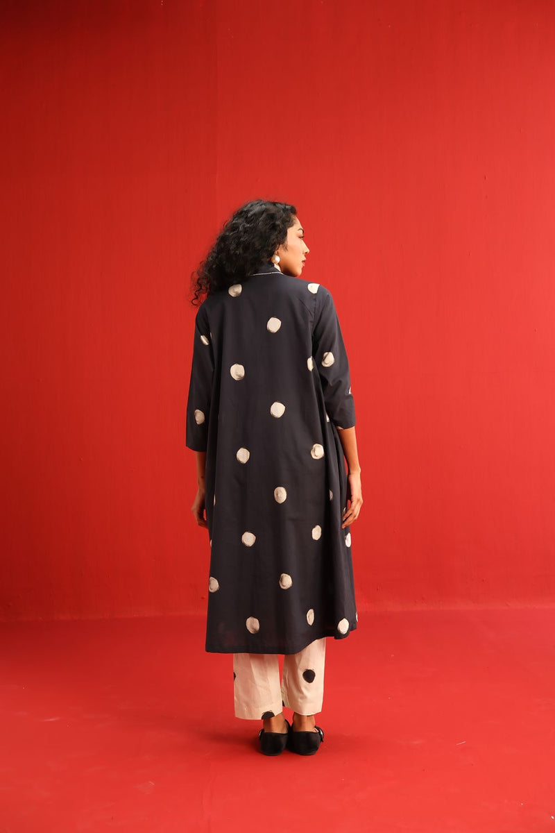Polka A Line Kurta Set cotton by Yam in black color for women in Singapore