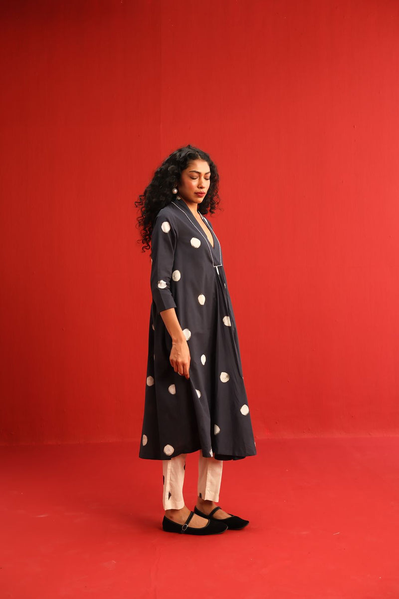 Polka A Line Kurta Set cotton by Yam in black color for women in Singapore