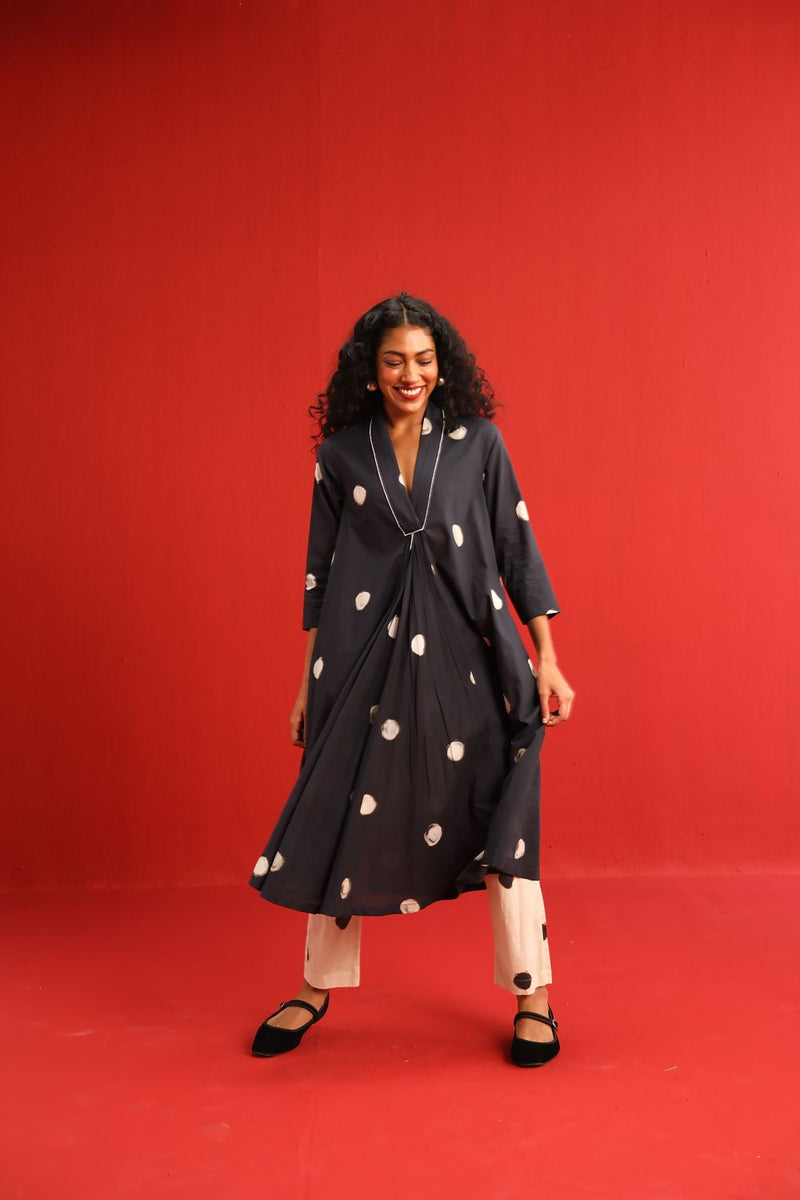 Polka A Line Kurta Set cotton by Yam in black color for women in Singapore