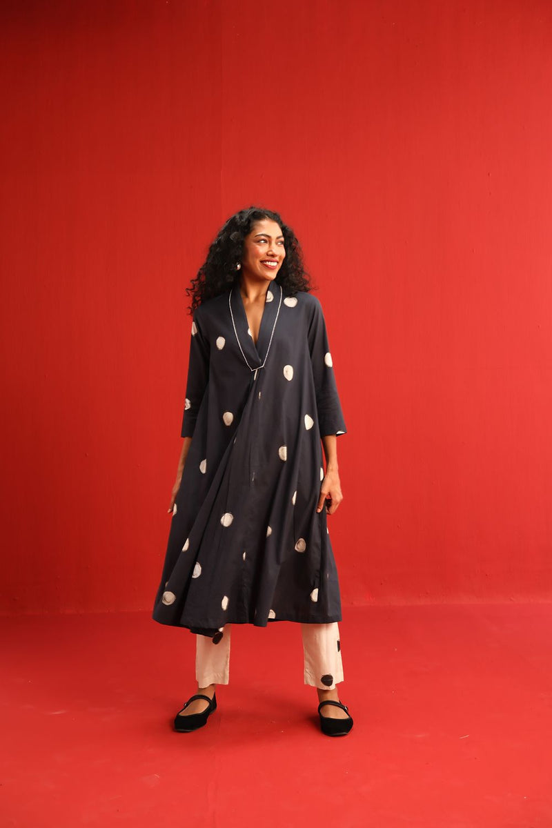 Polka A Line Kurta Set cotton by Yam in black color for women in Singapore