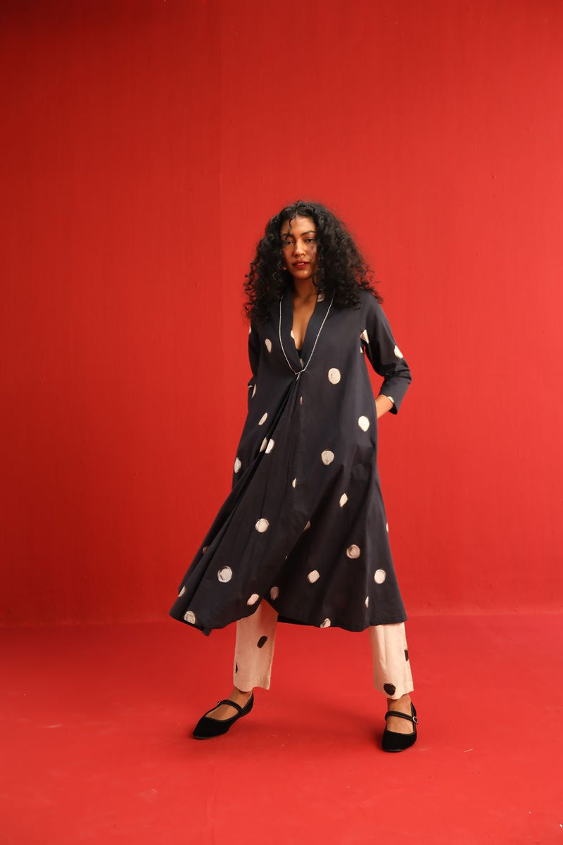 Polka A Line Kurta Set cotton by Yam in black color for women in Singapore
