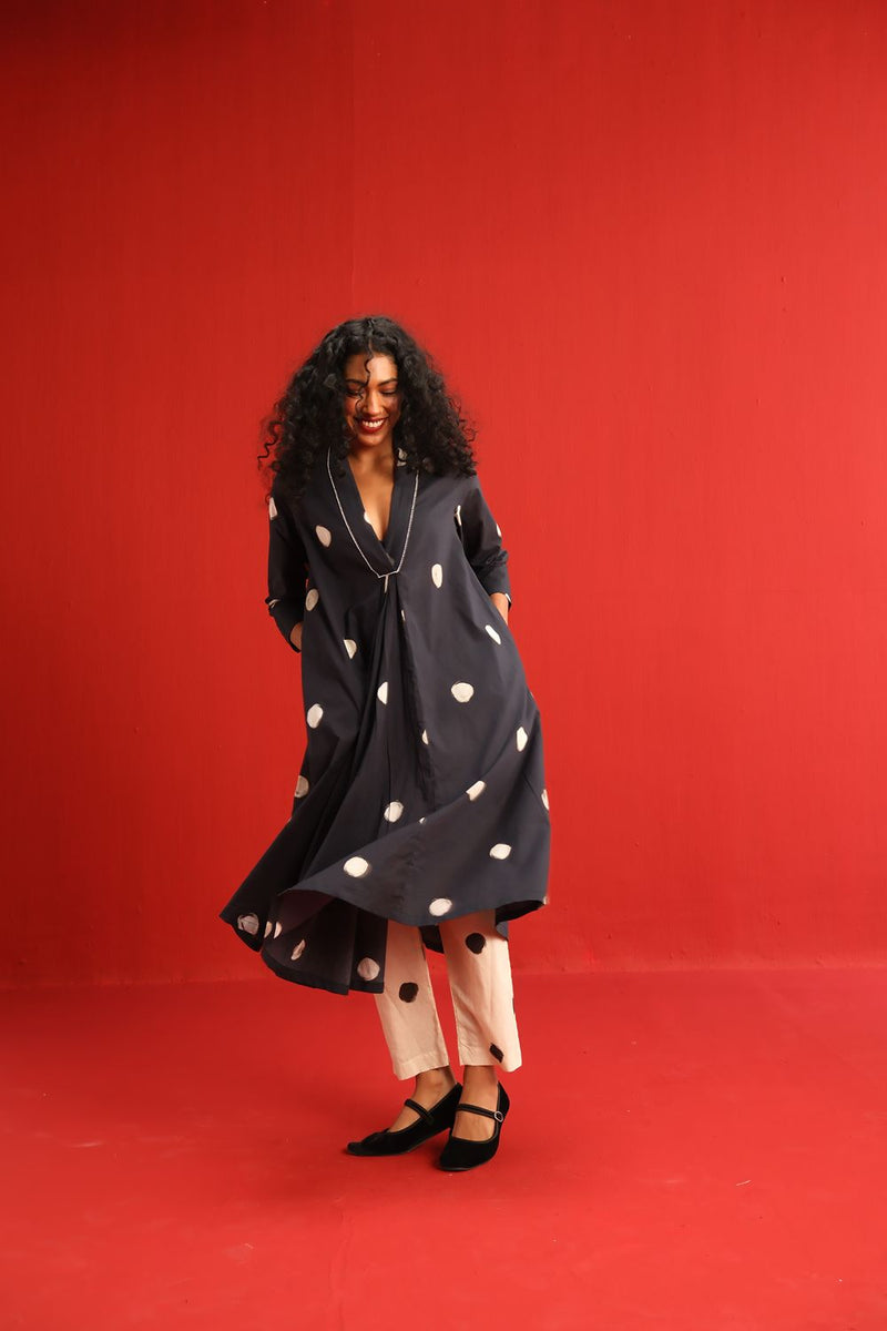 Polka A Line Kurta Set cotton by Yam in black color for women in Singapore