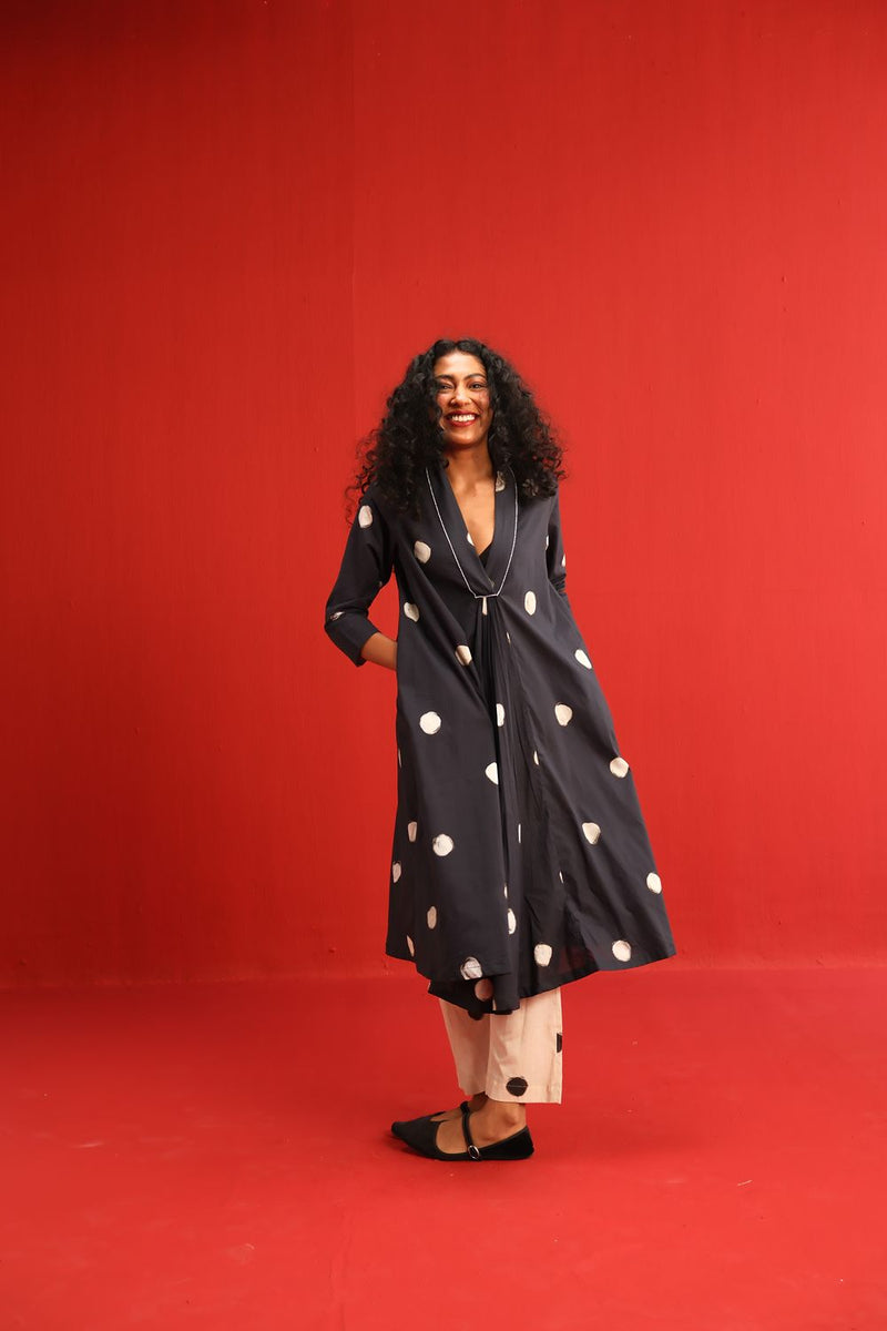 Polka A Line Kurta Set cotton by Yam in black color for women in Singapore