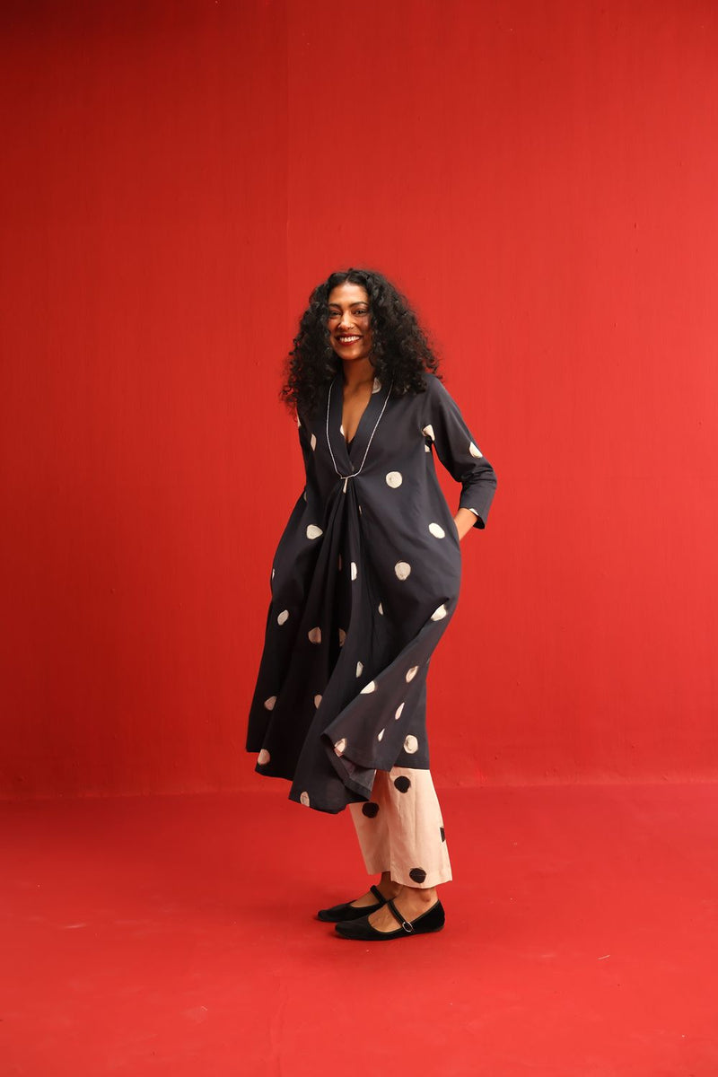 Polka A Line Kurta Set cotton by Yam in black color for women in Singapore