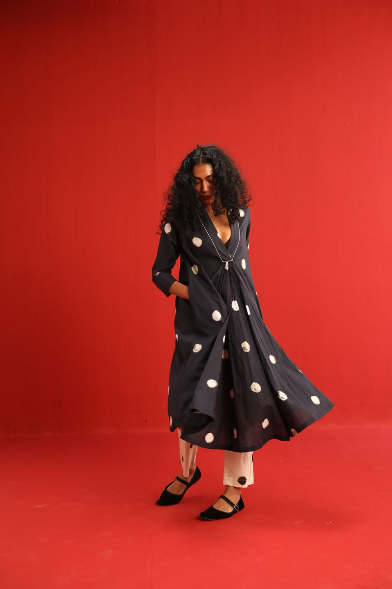 Polka A Line Kurta Set cotton by Yam in black color for women in Singapore