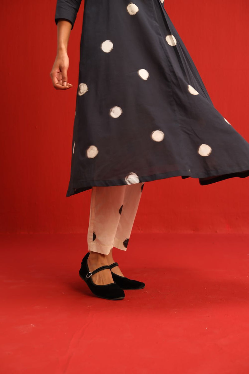 Polka A Line Kurta Set cotton by Yam in black color for women in Singapore