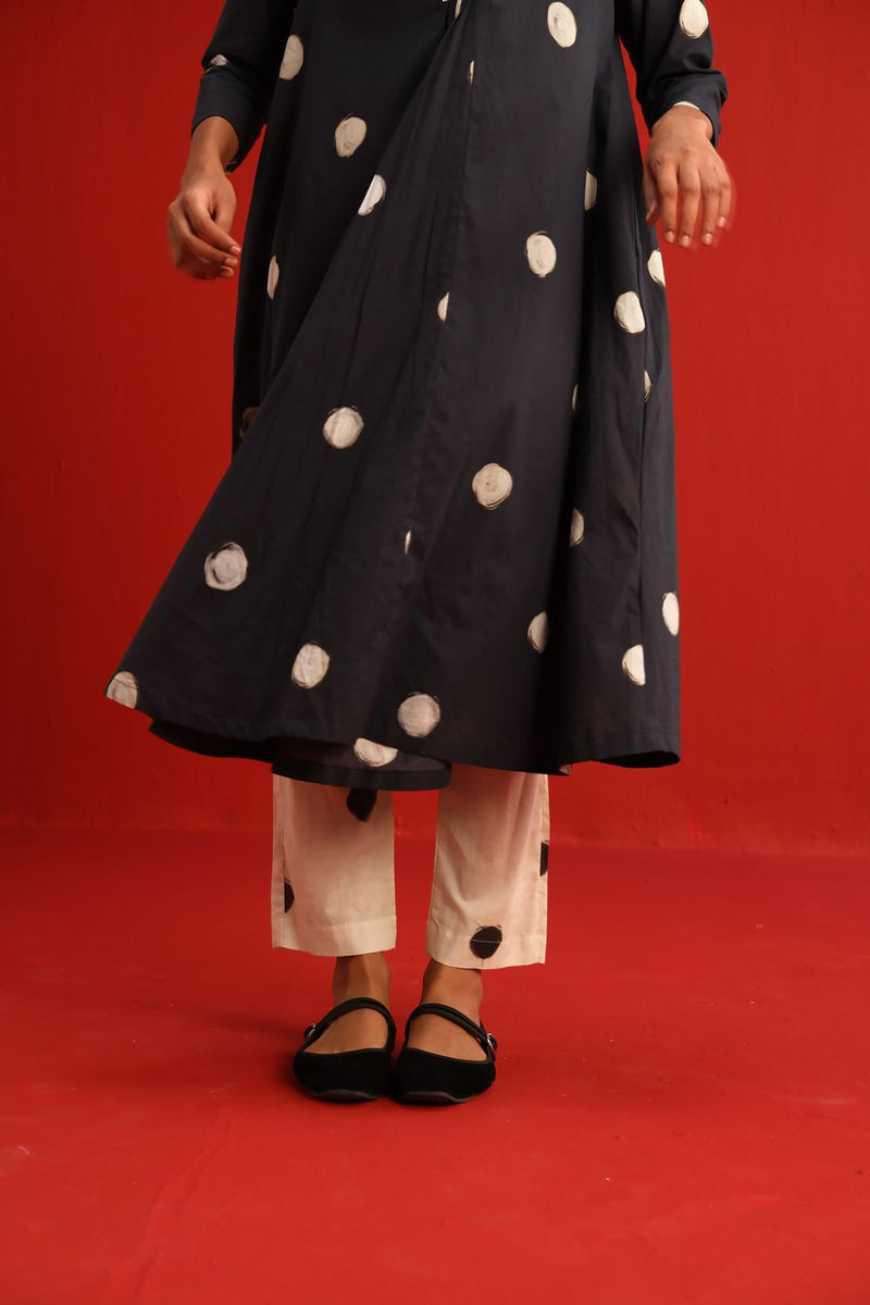 Polka A Line Kurta Set cotton by Yam in black color for women in Singapore