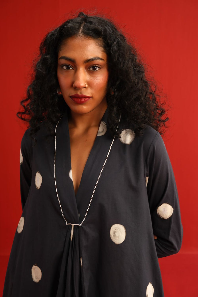 Polka A Line Kurta Set cotton by Yam in black color for women in Singapore