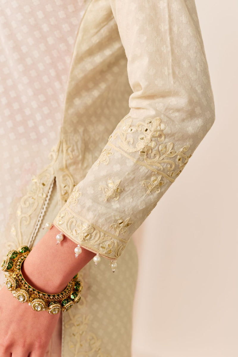 YASNEEN -DAISY IVORY SHORT KURTA WITH GARARA AND DUPATTA chanderi silk kurta/kurta set by SHEETAL BATRA in daisy ivory with carnation pink for women in Singapore