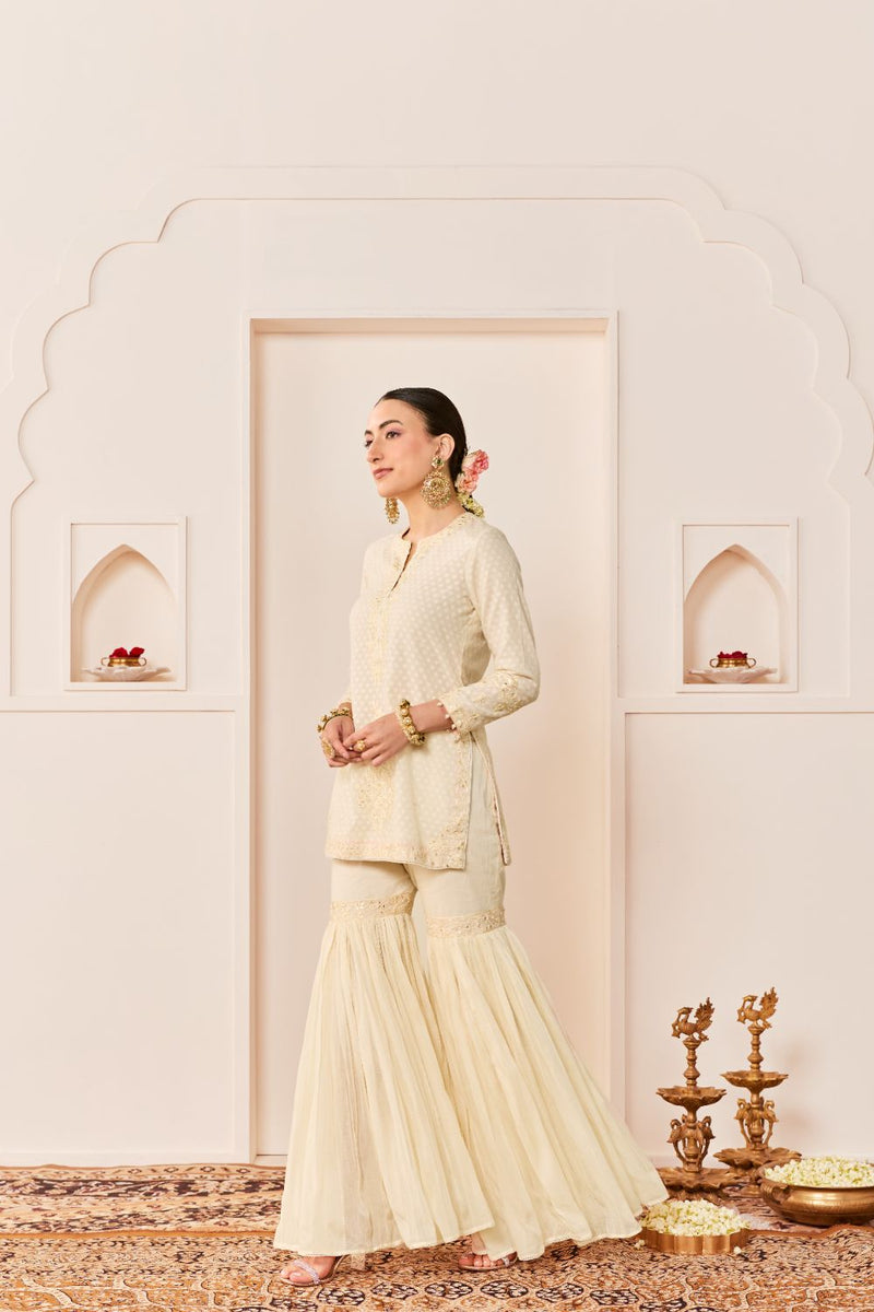 YASNEEN -DAISY IVORY SHORT KURTA WITH GARARA AND DUPATTA chanderi silk kurta/kurta set by SHEETAL BATRA in daisy ivory with carnation pink for women in Singapore