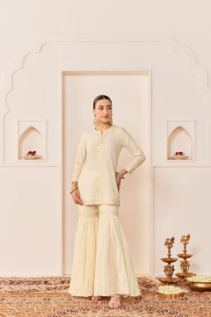 YASNEEN -DAISY IVORY SHORT KURTA WITH GARARA AND DUPATTA chanderi silk kurta/kurta set by SHEETAL BATRA in daisy ivory with carnation pink for women in Singapore