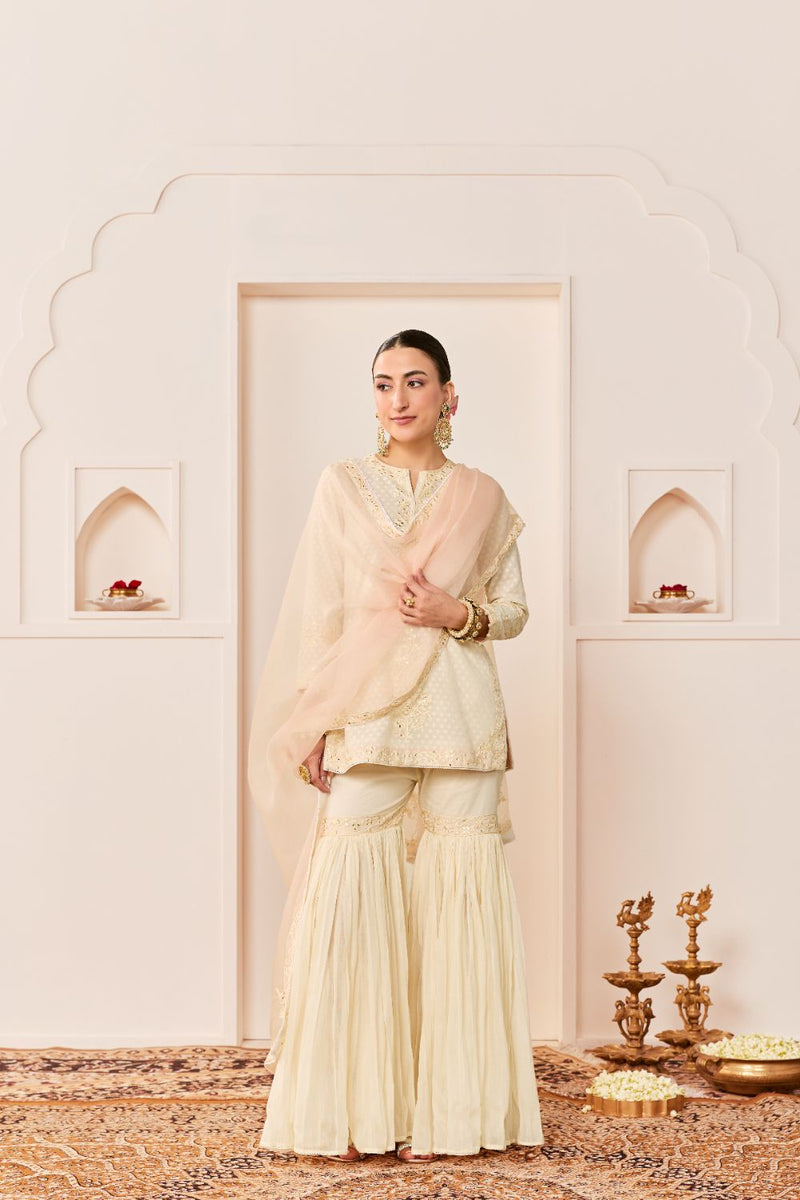 YASNEEN -DAISY IVORY SHORT KURTA WITH GARARA AND DUPATTA chanderi silk kurta/kurta set by SHEETAL BATRA in daisy ivory with carnation pink for women in Singapore